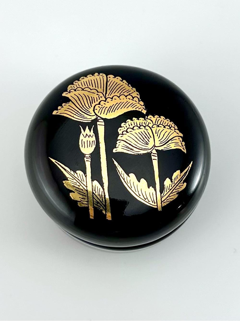 Vintage Black & Gold Lacquerware Round Trinket Box - Floral Design